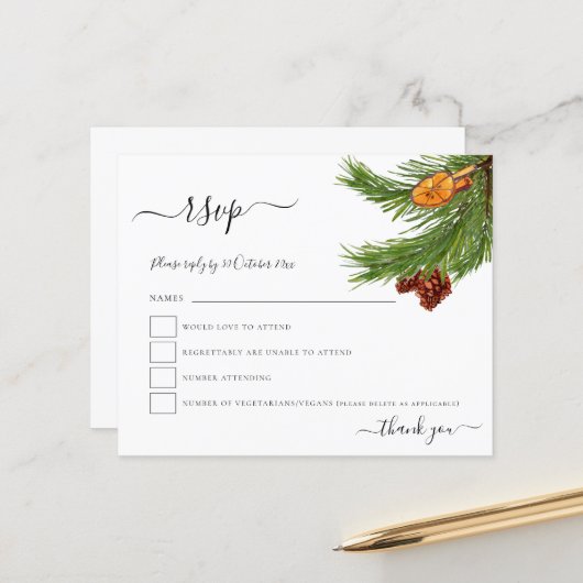 Papier Budget Foliage Cones Orange Noël Mariage RSVP (Devant/Arrière en situation)