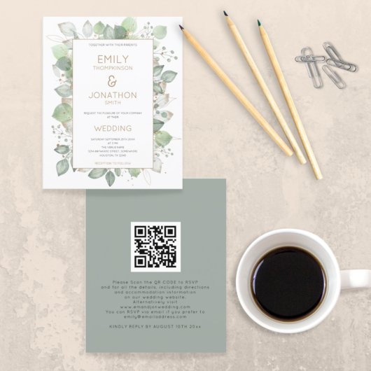Papier Budget Foliage Gold Sage QR Code Mariage Invitatio