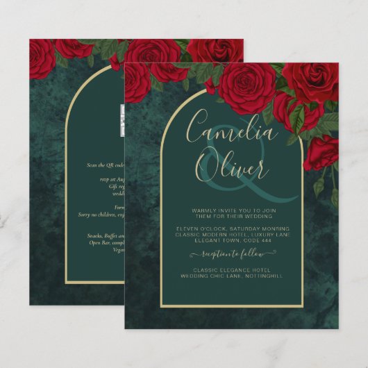 Papier BUDGET ForêtVert ROUGE Roses d'hiver Mariage INVIT (Devant / Derrière)
