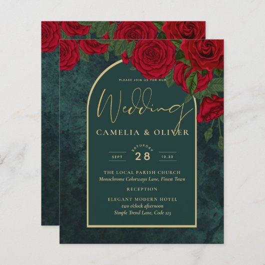 Papier BUDGET ForêtVert ROUGE Roses d'hiver Mariage INVIT (Devant / Derrière)