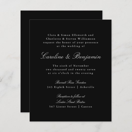 Papier Budget Formal Black Élégant Mariage Invitation (Devant / Derrière)