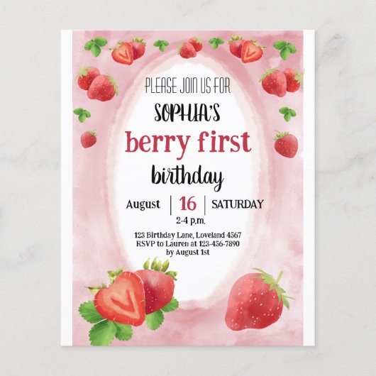 Papier Budget fraise 1er anniversaire Sweet Berry Invitat (Devant)
