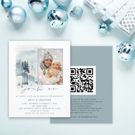 Papier Budget Frosty Forest Photo Join Us QR Blue Wedding