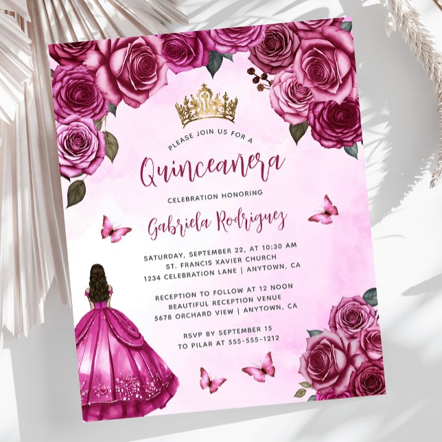 Papier Budget Fuchsia rose Floral Quinceañera Invitation (Créateur téléchargé)