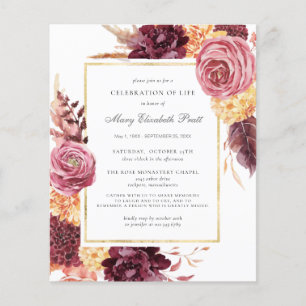 Papier Budget Funérailles Bourgogne rose Floral Invitatio