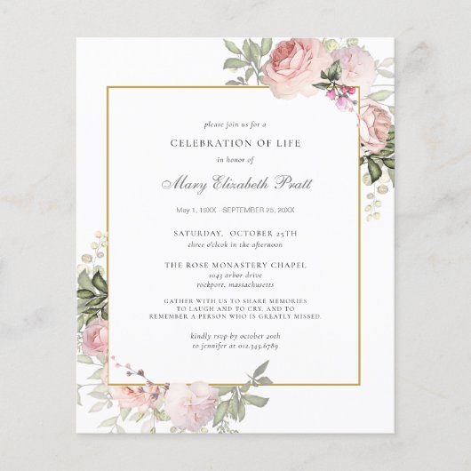 Papier Budget Funérailles rose florale Invitation (Devant)