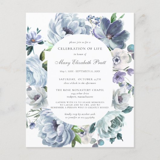 Papier Budget Funéraire Dusty Blue Floral Invitation (Devant)