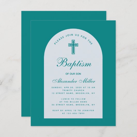 Papier Budget Garçon Turquoise Script Arc Baptême Invitat (Devant / Derrière)