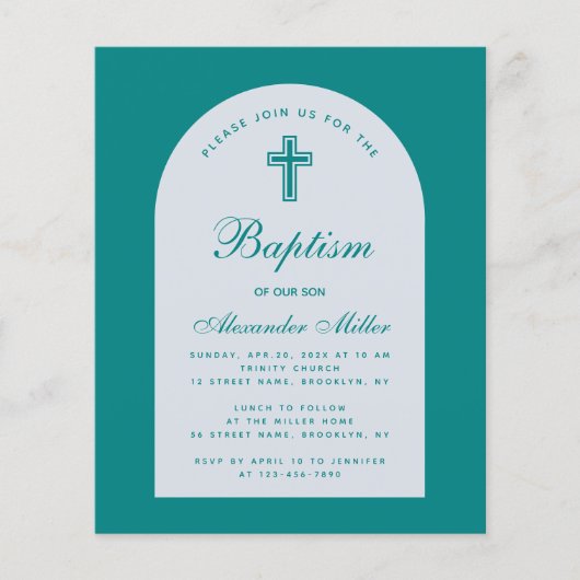 Papier Budget Garçon Turquoise Script Arc Baptême Invitat (Devant)