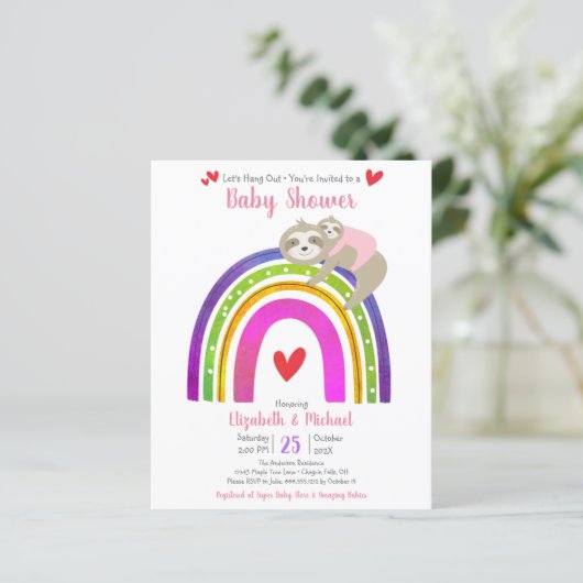 Papier Budget Girl Baby shower Sloth Rainbow Invitation (Debout devant)