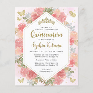 Papier Budget Girl Blush rose Floral Or Quinceañera