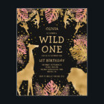 Papier Budget Girls 1er anniversaire Pink Black Safari In<br><div class="desc">Cette invitation à la fête d'anniversaire de la fille "sauvage" du safari dans la jungle présente des animaux à fausse feuille d'or (girafe, lion et singes), du feuillage de la jungle dorée et rose, et un arrosage de confettis d'or sur un arrière - plan noir. Ajoutez le nom de la...</div>