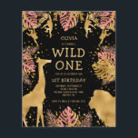 Papier Budget Girls 1er anniversaire Pink Black Safari In<br><div class="desc">Cette invitation à la fête d'anniversaire de la fille "sauvage" du safari dans la jungle présente des animaux à fausse feuille d'or (girafe, lion et singes), du feuillage de la jungle dorée et rose, et un arrosage de confettis d'or sur un arrière - plan noir. Ajoutez le nom de la...</div>