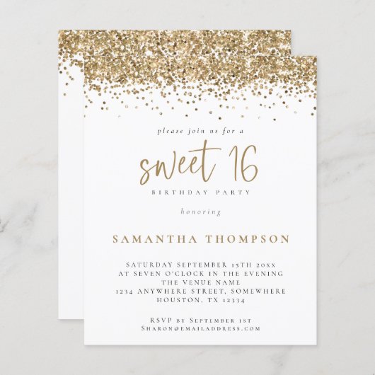 Papier Budget Girly Gold Parties scintillant Sweet 16 Inv (Devant / Derrière)