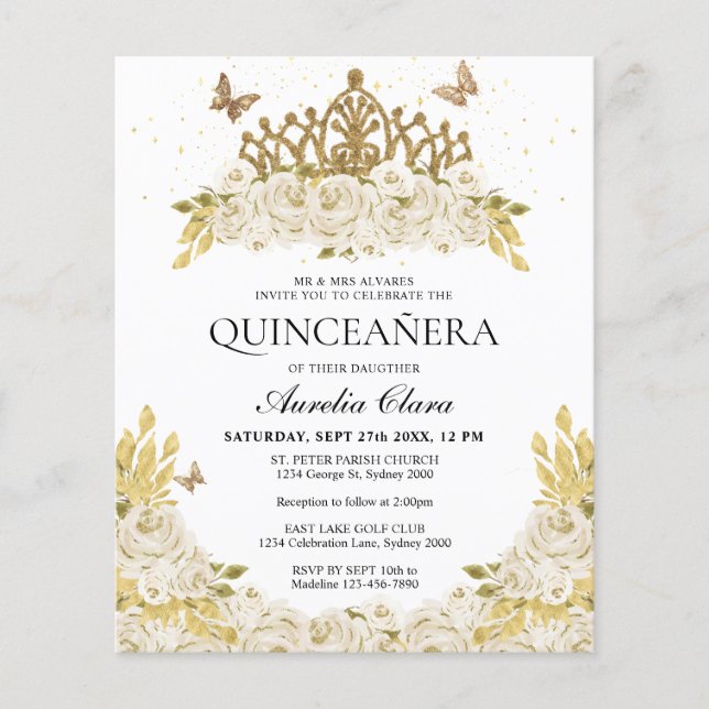 Papier Budget Glam Blanc Floral Or Tiara Quinceanera (Devant)