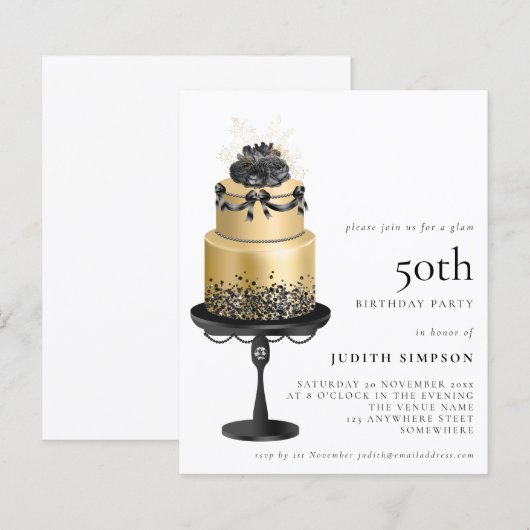 Papier Budget Glam Cake Florals Gold Black 50e Invitation (Devant / Derrière)