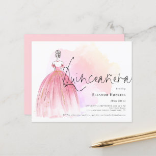 Papier Budget Glam Robe rose Quinceanera Invitation