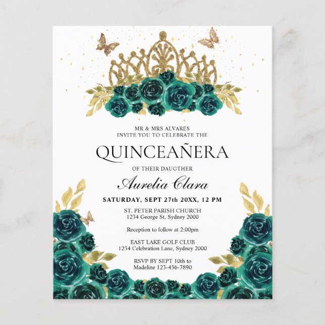Papier BUDGET Glam Vert Floral Or Tiara Quinceanera (Devant)