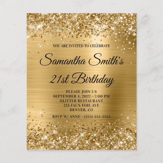 Papier Budget Glittery Gold Glam 21e anniversaire Invitat (Devant)