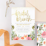 Papier Budget Gold Blush rose Floral Bridal Brunch Douche<br><div class="desc">Cette invitation au brunch nuptiale présente un agencement de fleurs d'aquarelle dans les tons rose et blanc dans la verdure rustique du jardin. "Bridal brunch" est écrit en calligraphie script moderne, avec des tourbillons à chaque extrémité qui atteignent le bord de l'invitation. Vos détails de douche apparaissent ci-dessous dans une...</div>