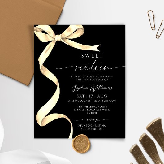 Papier Budget Gold Bow Sweet 16 Anniversaire Invitation