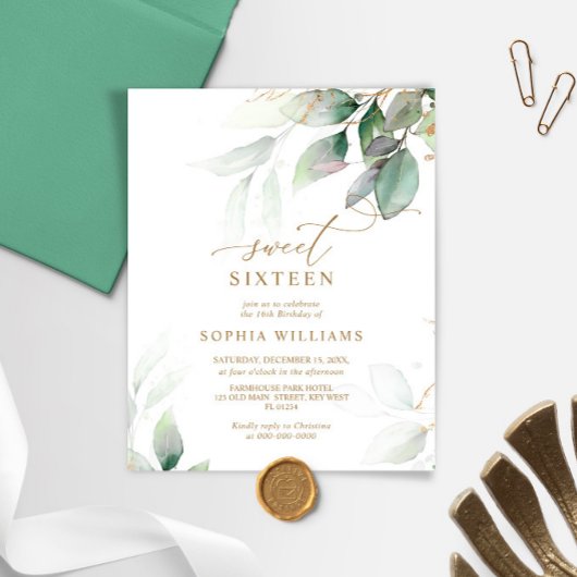 Papier Budget Gold & Eucalyptus Sweet 16 Invitation d'ann