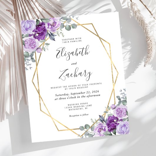 Papier Budget Gold Frame Purple Floral Mariage Invitation