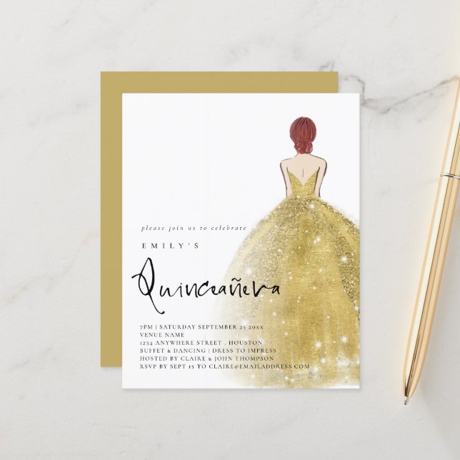 Papier Budget Gold Gown fille Auburn cheveux QR Quinceañe (Devant/Arrière en situation)