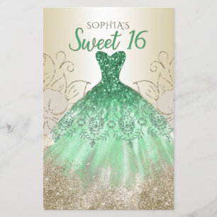 Papier Budget Gold Green Robe Sweet 16 Invitation