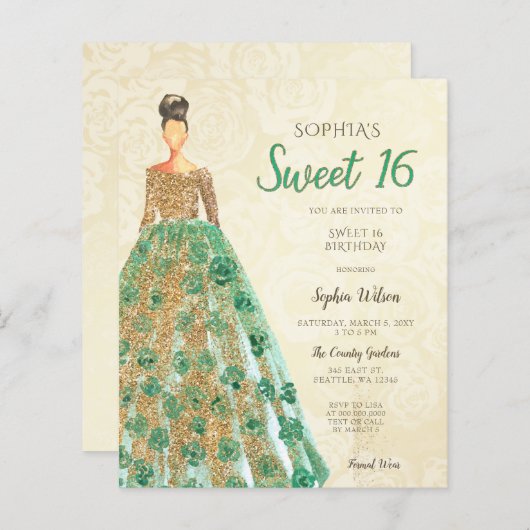 Papier Budget Gold Green Robe Sweet 16 Invitation (Devant / Derrière)