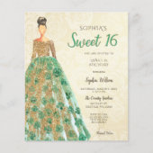 Papier Budget Gold Green Robe Sweet 16 Invitation (Devant)