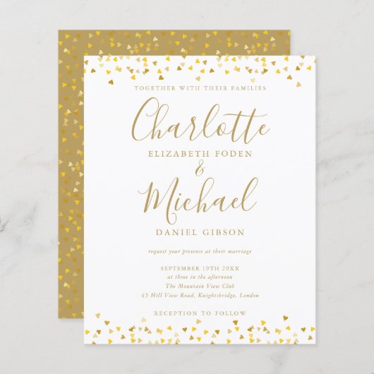Papier Budget Gold Hearts Confetti Script Wedding Invitat (Devant / Derrière)