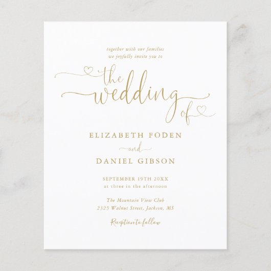 Papier Budget Gold Hearts Script Faire-part de mariage ph (Devant)