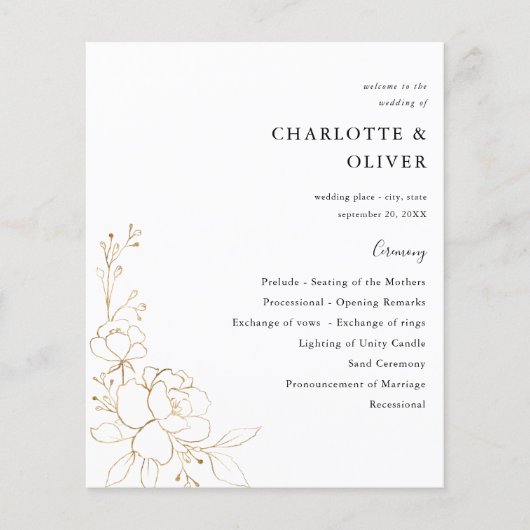 Papier Budget Gold Linal Floral Mariage Cérémonie Program (Devant)