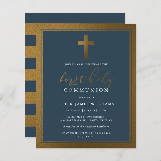 Papier Budget Gold & Marine Blue First Holy Communion (Devant / Derrière)