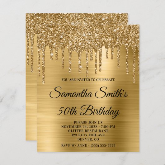 Papier Budget Gold Parties scintillant Drip 50th Birthday (Devant / Derrière)