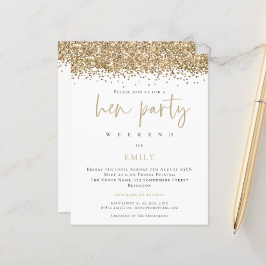 Papier Budget Gold Parties scintillant Week-end Hen Party (Devant/Arrière en situation)