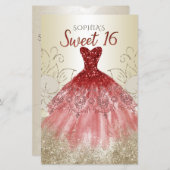 Papier Budget Gold Red Robe Sweet 16 Invitation (Devant / Derrière)