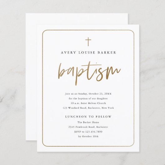 Papier Budget Gold Script Baptême Religieux Invitation (Devant / Derrière)