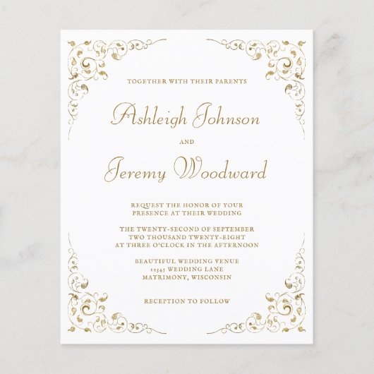 Papier Budget Gold Script Foliage QR Code Mariage Invitat (Devant)