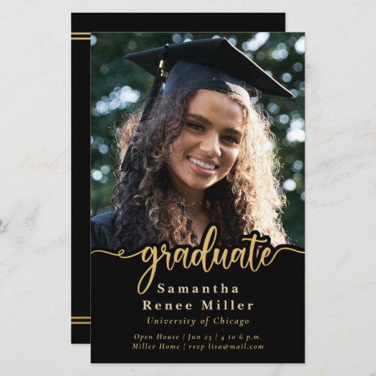 Papier Budget Gold Script Photo Graduation Invitation (Devant / Derrière)