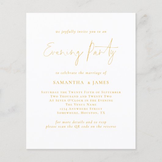 Papier Budget Gold Script QR Soirée de mariage Invitation (Devant)