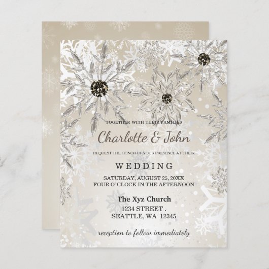 Papier Budget Gold Snowflakes Invitation de mariage d'hiv (Devant / Derrière)