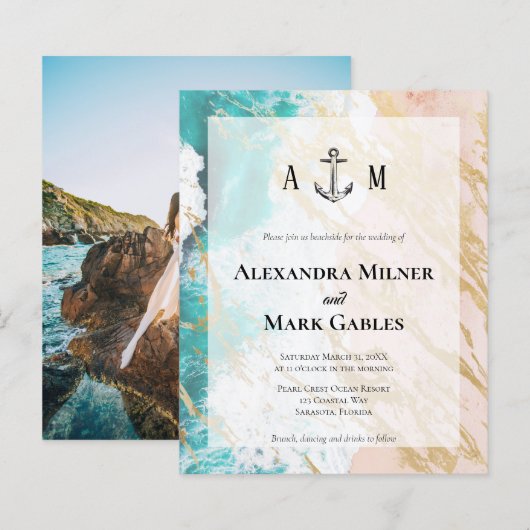 Papier Budget Golden Beach Ancre Photo Wedding Invitation (Devant / Derrière)