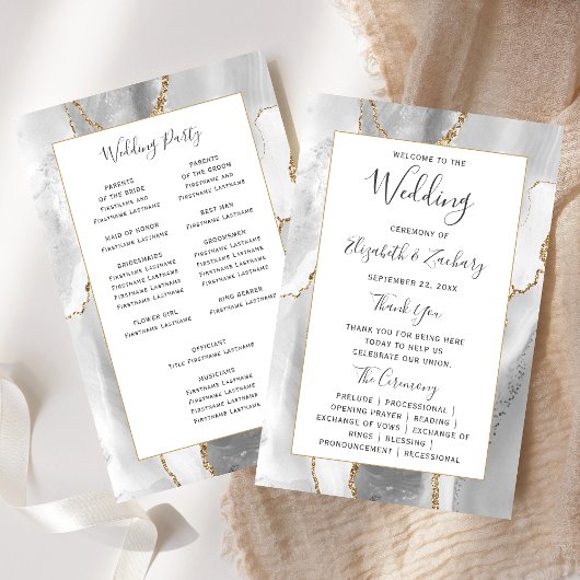 Papier Budget Gray White Gold Agate Wedding Program