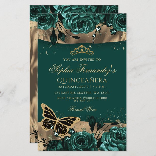 Papier Budget Green Butterfly Quinceañera Invitation (Devant / Derrière)