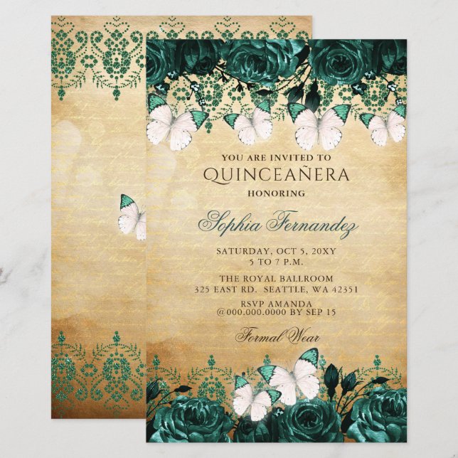 Papier Budget Green Butterfly Quinceañera Invitation (Devant / Derrière)