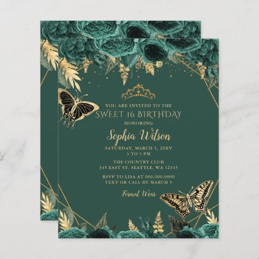 Papier Budget Green Butterfly Sweet 16 Invitation (Devant / Derrière)