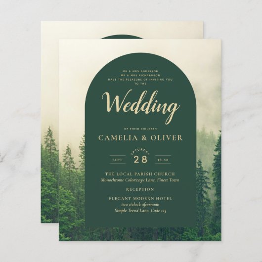 Papier BUDGET Green Forest Pine Trees Mariage INVITER (Devant / Derrière)