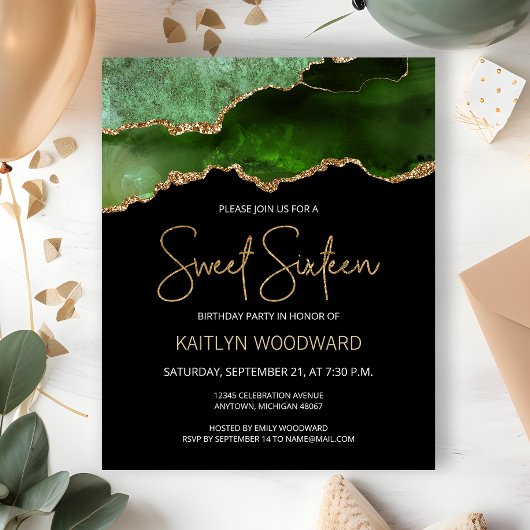 Papier Budget Green Gold Agate Dark Sweet 16 Invitation